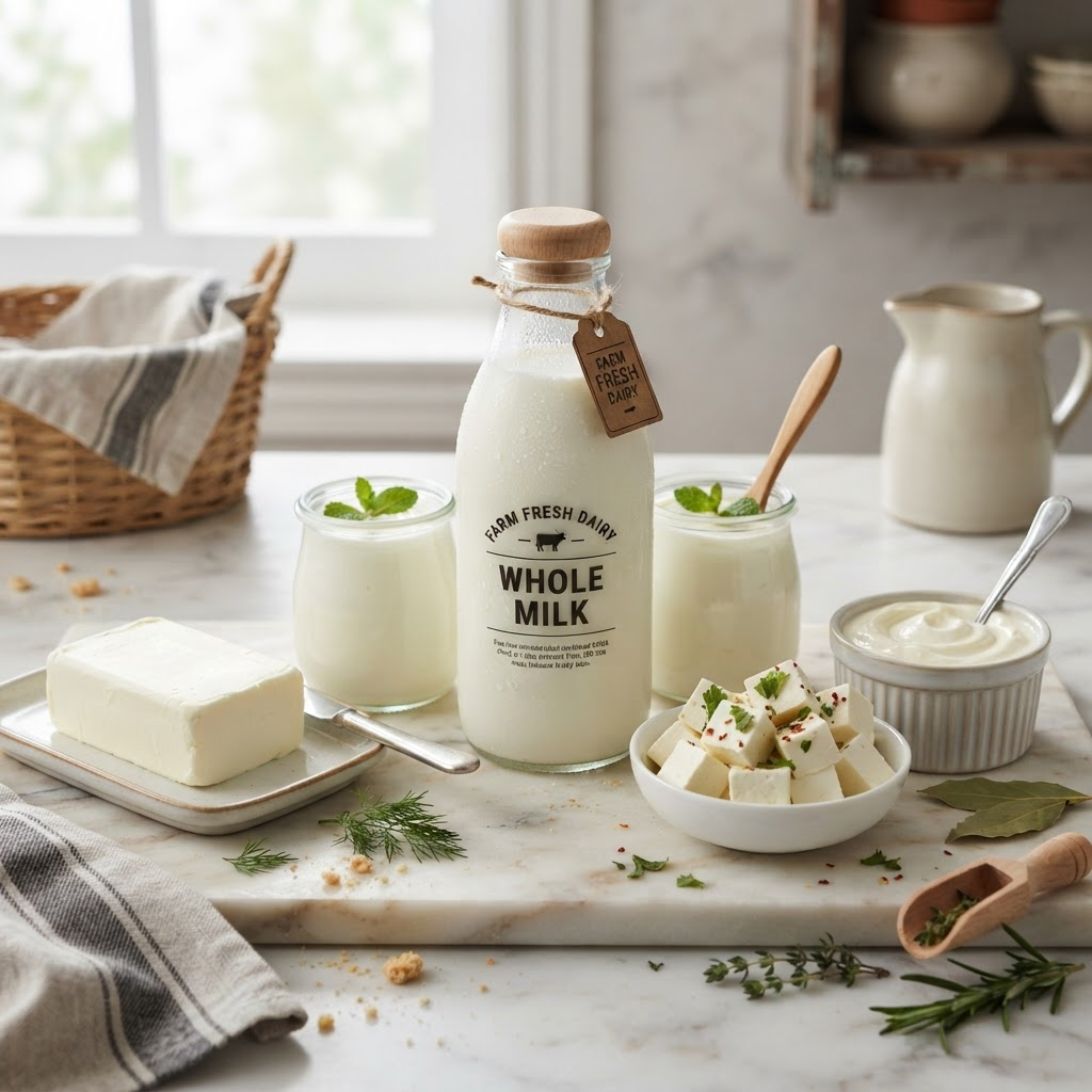 An assortment of fresh dairy products including milk, yogurt, butter and paneer