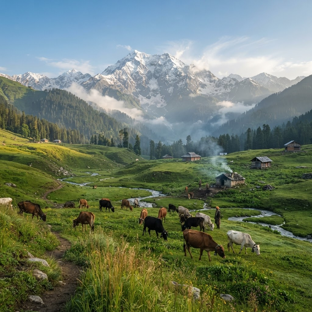Cows grazing in a green Himalayan pasture below snow-capped mountains in Kashmir